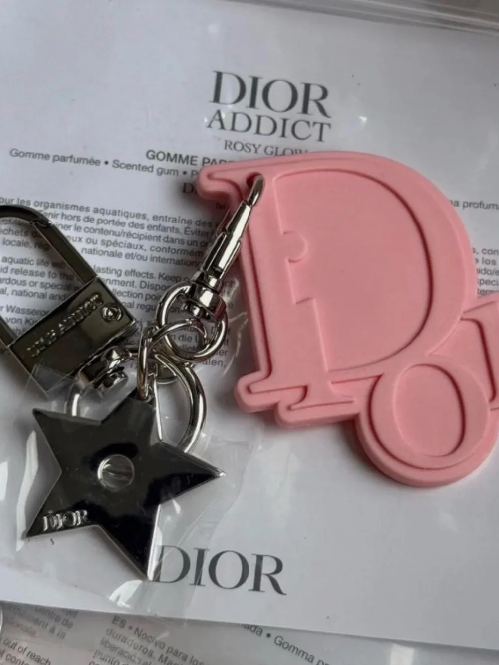 Dior Pink Logo Charm Keyring with Silver Star Accent